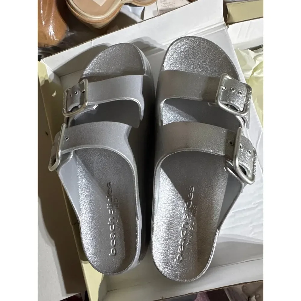 J/Slides NYC Silver Buckle Platform Sandals Slide Shoes Women Size 10